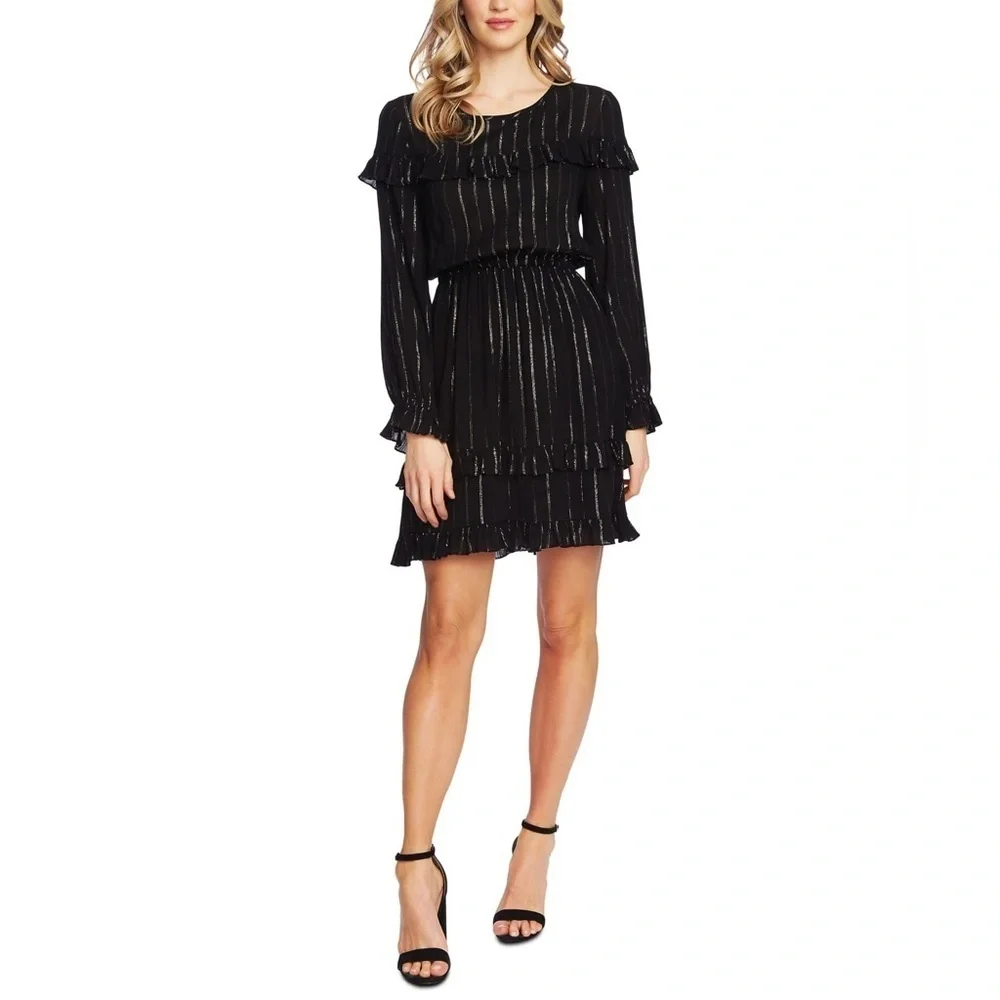 CeCe Womens Black Glitter Pinstripe Long Sleeve Short Shift Party Dress Size M